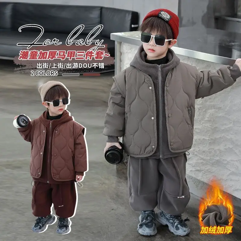 3 PCS Set Autumn Winter Boy Retro Thick Vest+Shirt+Loose Harem Pants Kids Children baby Gentleman Handsome Streetwear Clothes