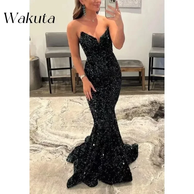 

Wakuta Sexy Strapless Sleeveless Sequin Evening Robe Formal Mermaid Prom Party Dresses Sparkly Homecoming Vestidos De Fiesta