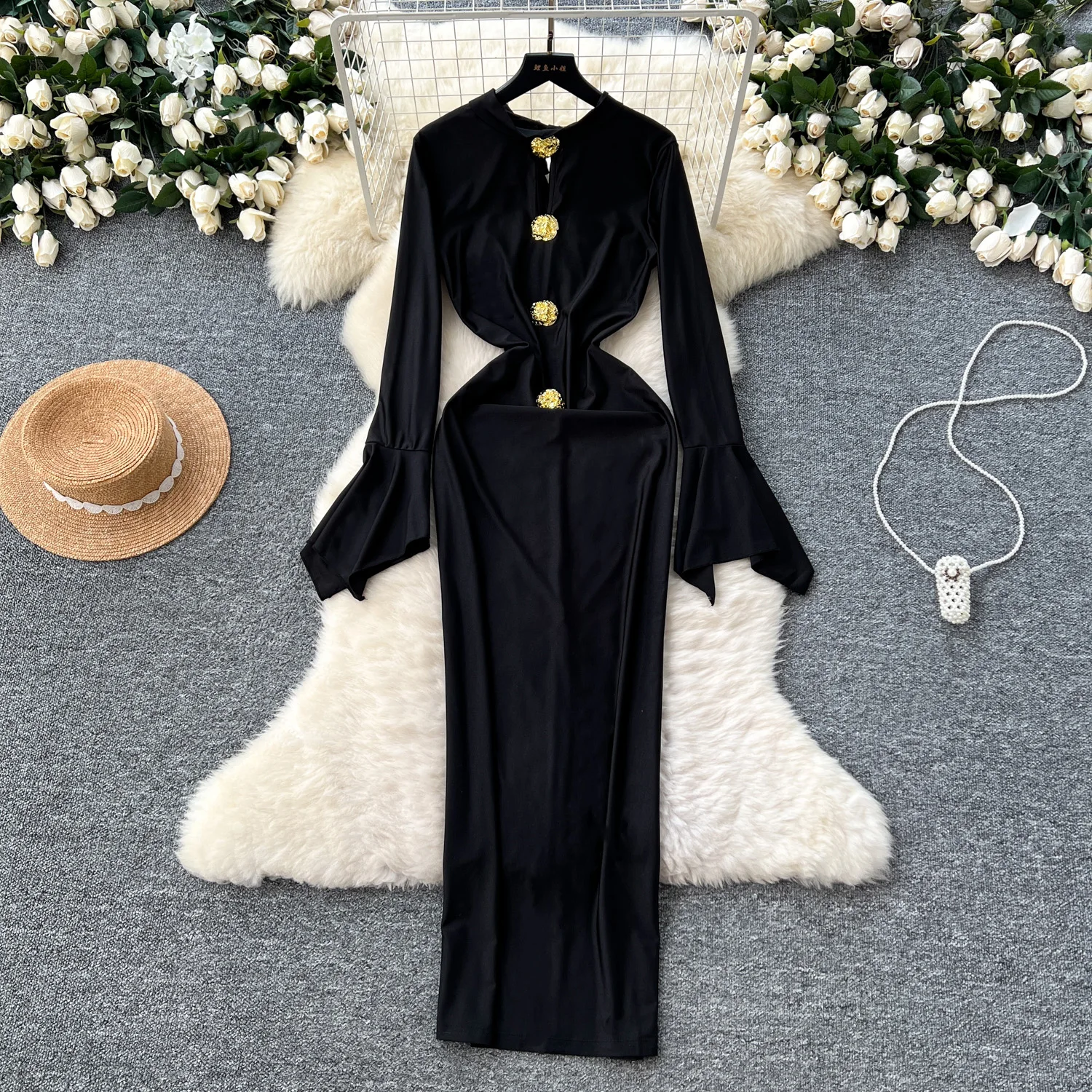 Women O-neck Vintage Long Flare Sleeve Elegant Metal Buckle Slim Split Long Dresses French Evening High Street Autumn Clothing