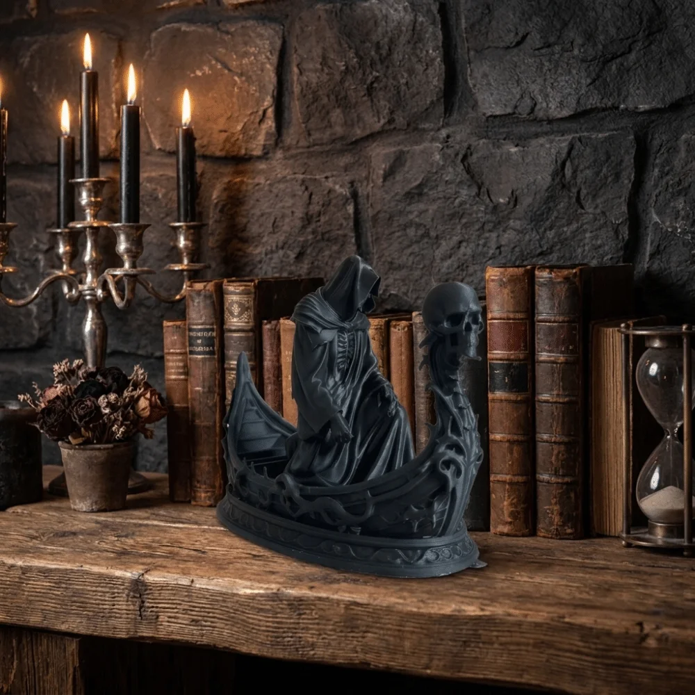 Gothic Style Grim Reaper Statue Resin Lightweight Skeleton Figurine Hooded Skeleton Dark Mythology Ferryman Sculpture Desk Decor
