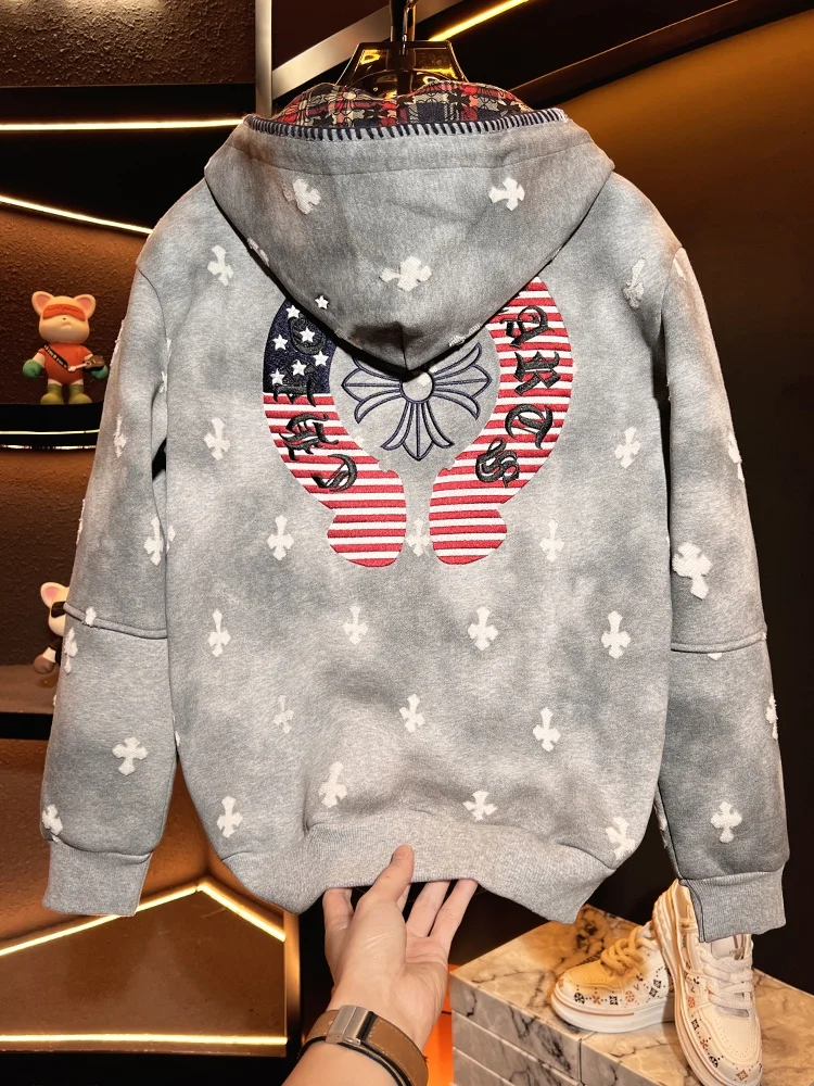 

High-End Embroidered Hoodie Jaet Men's Autumn Winter New Sle Casual Loose Long Sve Top Warm Cotton Youth Faion Stree...