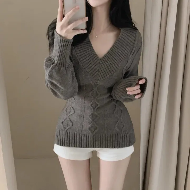 

Chic Knitted oulder Bared Long Sve V-Ne Sweater Women's Autumn Faion Slim Fit Casual Sle Commute Friendly Top