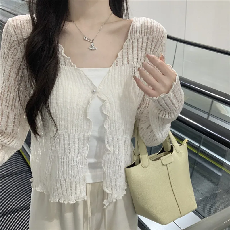 V-neck Ice Silk Knitted Cardigan Hollow Out Thin Crop Top Summer Sun Protection Shawl Women\'s Casual Shirt with Suspender Skirt