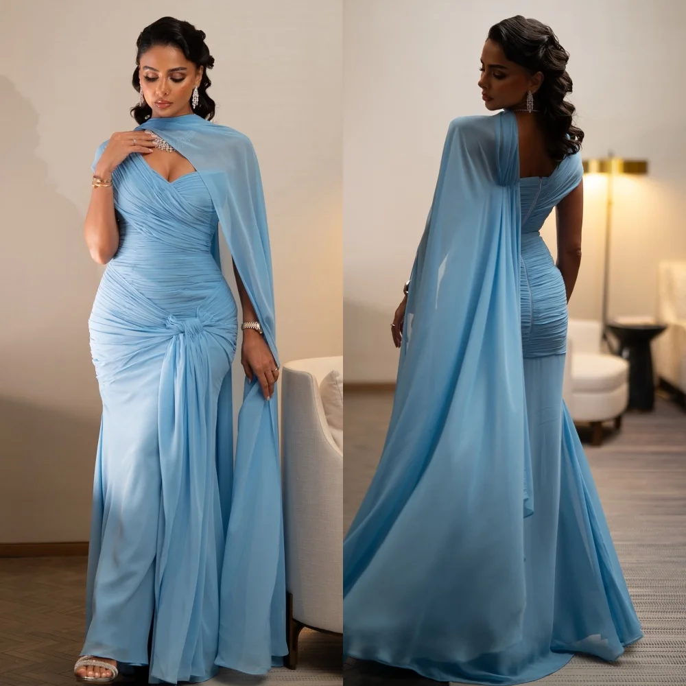

Customized Modern Style Simple Chiffon Pleat Ruched Draped Mermaid High Collar Long Dresses Bespoke Occasion Dresses Exquisite