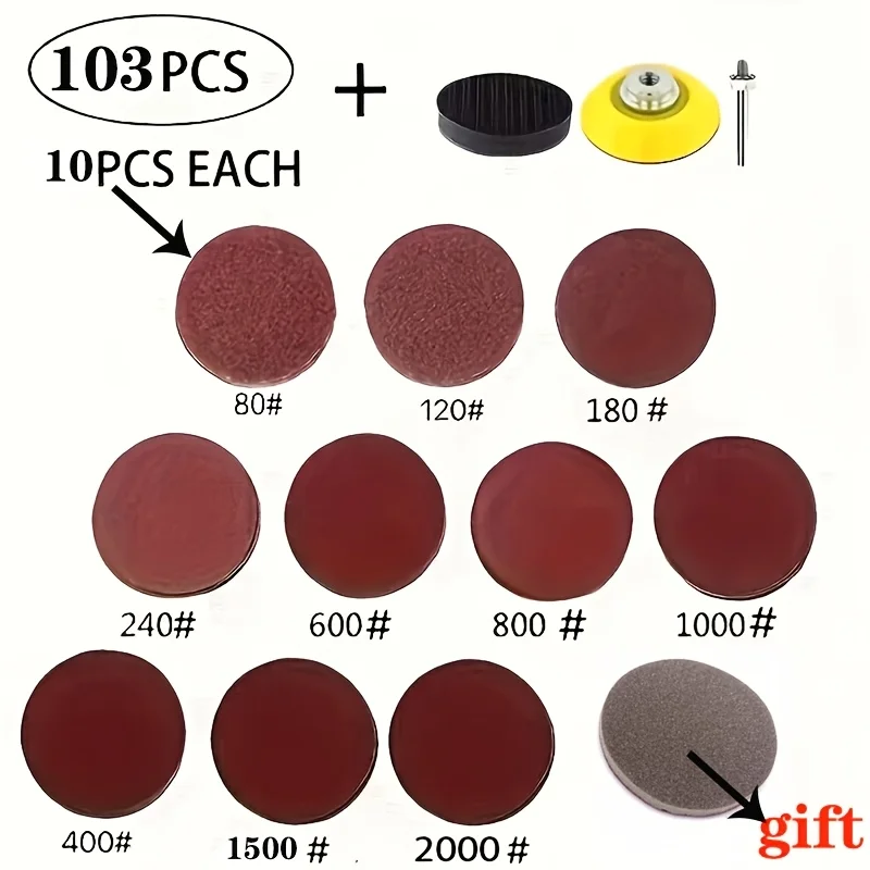 53/103/153PCS 75mm Red Sanding Disc Assorted Grit 80#-2000# Sandpaper Kit with Drill Attachment Polishing Sponge Pad Gift
