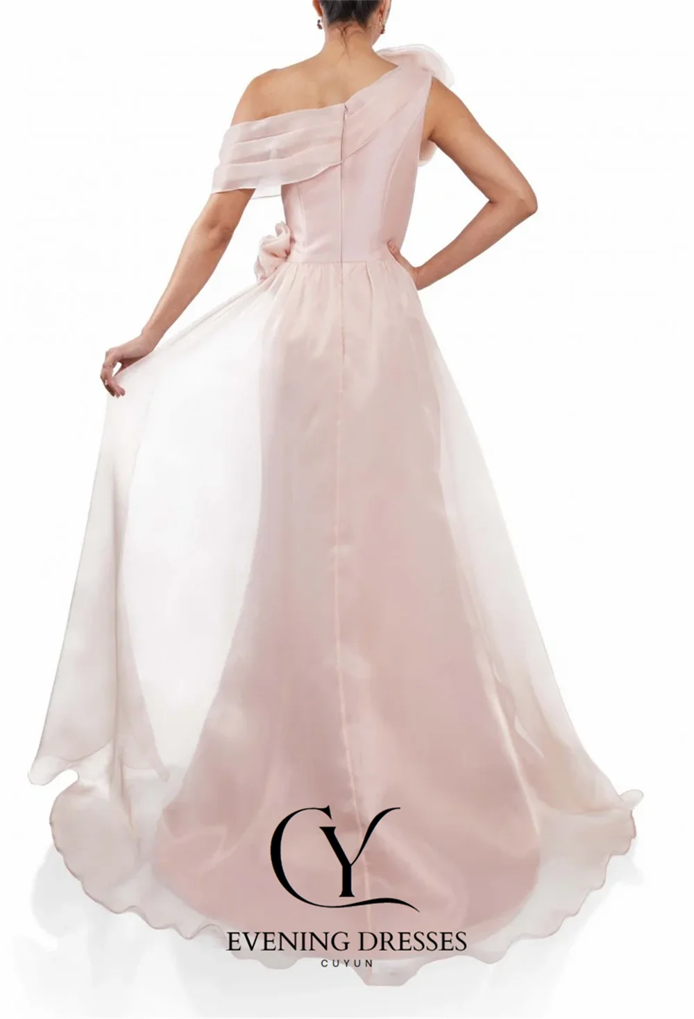 CUYUN-vestidos de noche de Organza de seda con un hombro, vestido Formal plisado hecho a mano con flores, vestidos de fiesta de lujo personalizados para mujer