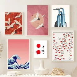 Red Crane Hokusai Eclectic Canvas Painting Blue Heron Coastal Vintage Typographic Posters for Modern Living Room Wall Art Decor