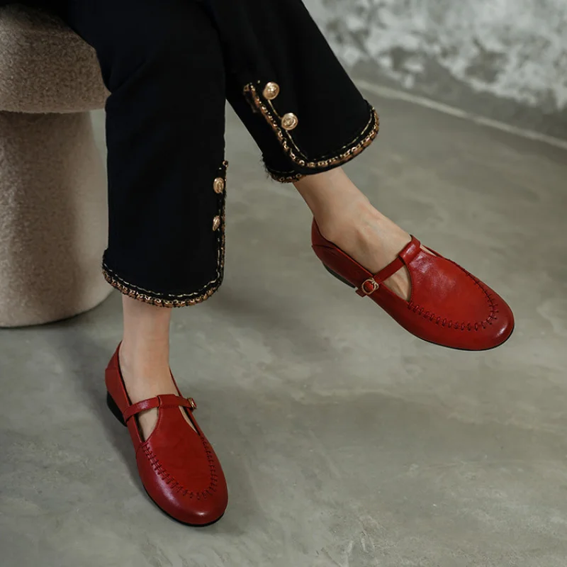 

Women’s Genuine Leather Mary Janes Comfortable Elegant Luxury Designer Flats Vintage Shoes Black Oxfords Woman