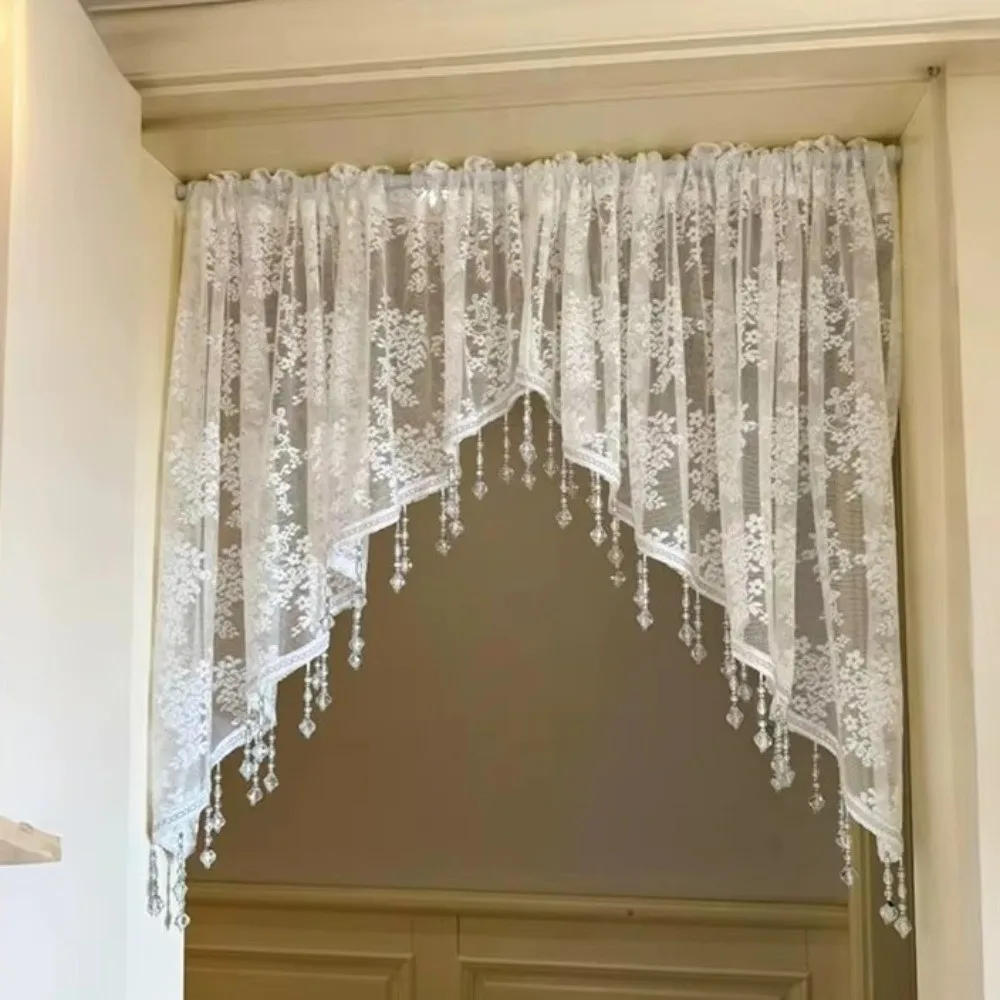 Fashion French Style Half Curtain Vintage With Beaded Lace Triangle Curtains Romantic White Lace Door Curtain Bedroom