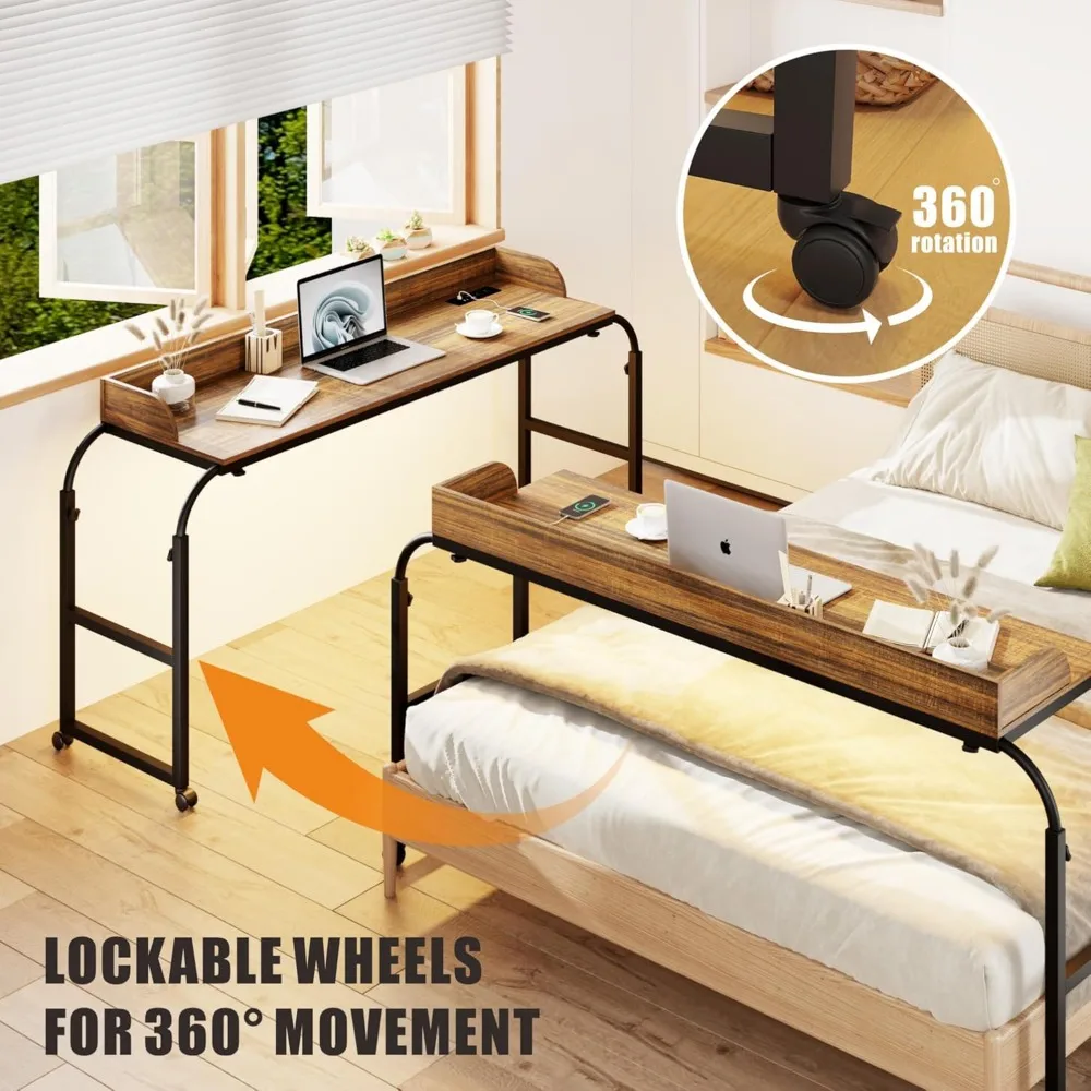 Tavolino letto regolabile in altezza e lunghezza con stazione di ricarica e luce a LED per letti queen size