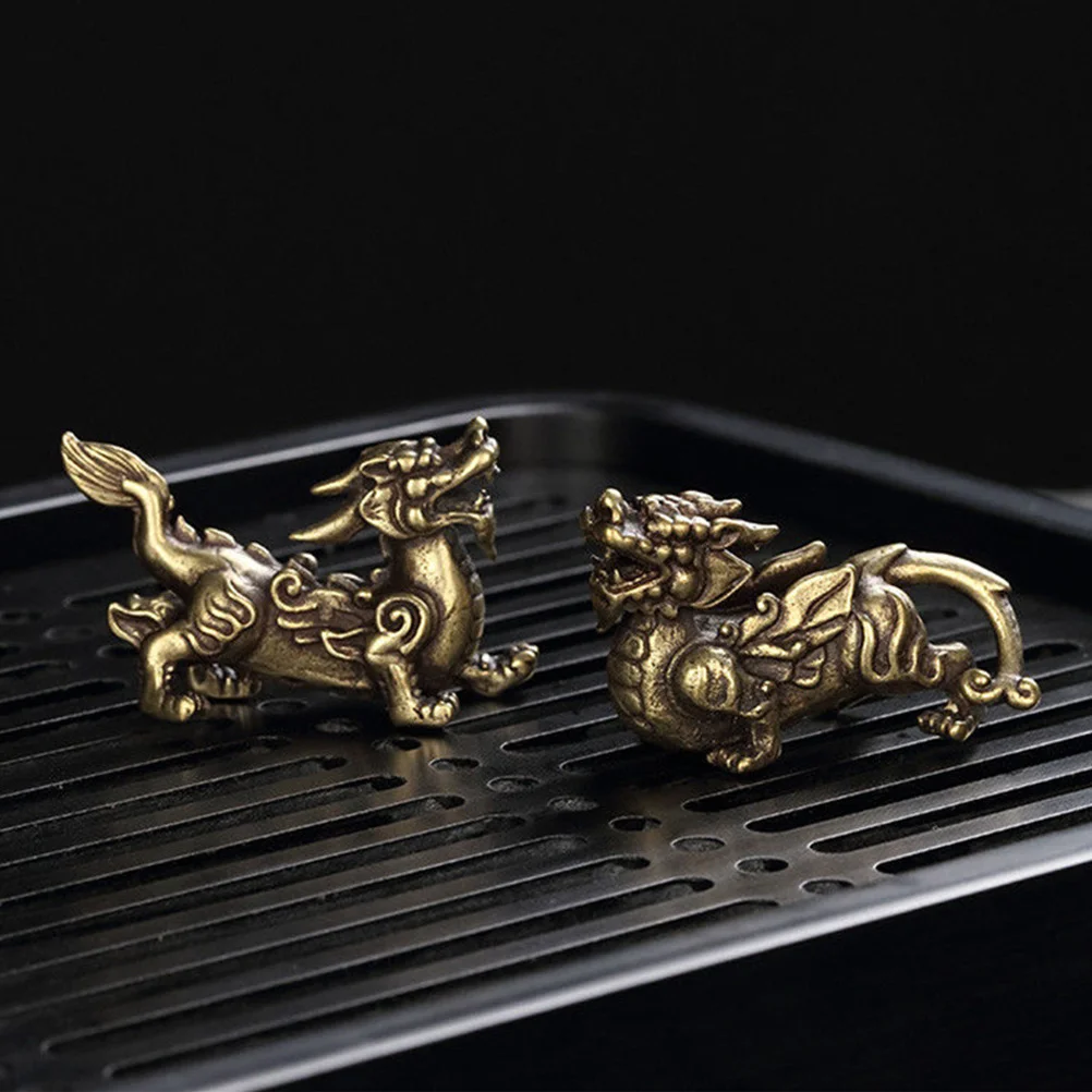 

1Pair Brass Ancient Mythical Beast Statues Miniature Chinese Auspicious Decorations Home Office Table Bookshelf Animal Ornament