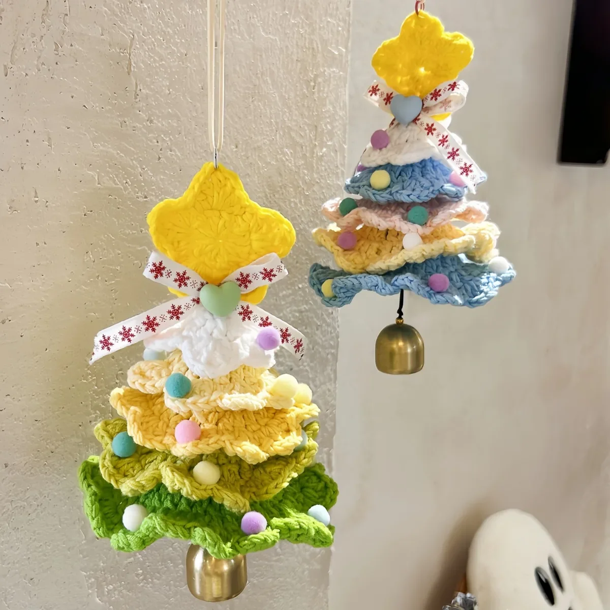 Crochet Mini Christmas Tree Handmade Knitted Cotton Yarn Xmas Tree Hanging Decorations for Car Rear Crafts Holiday Party Favors