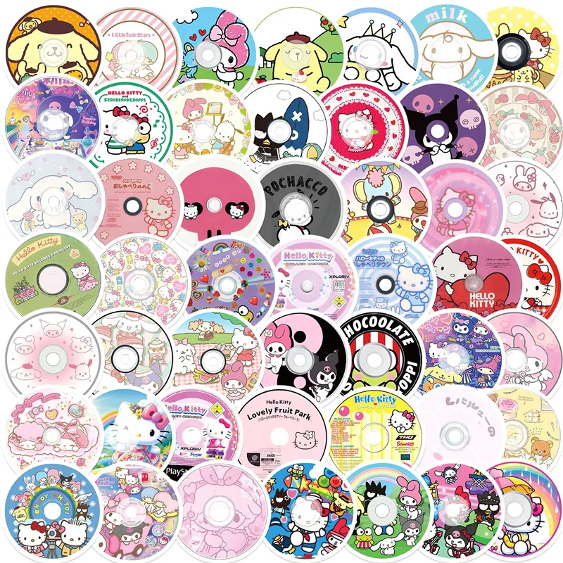 50pcs Aesthetic Sanrio Cd Record Stickers Laptop Notebook Phone Cute Cartoon Graffiti Sticekr Decals For Kid Birthday Gift