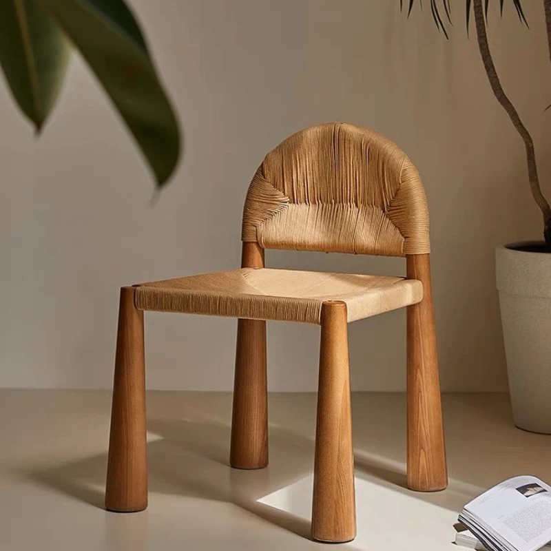

Vintage Solid Rattan Chair Woven Single Seat Minimalist Cream Style Design Model Furniture Dining Chair Backrest