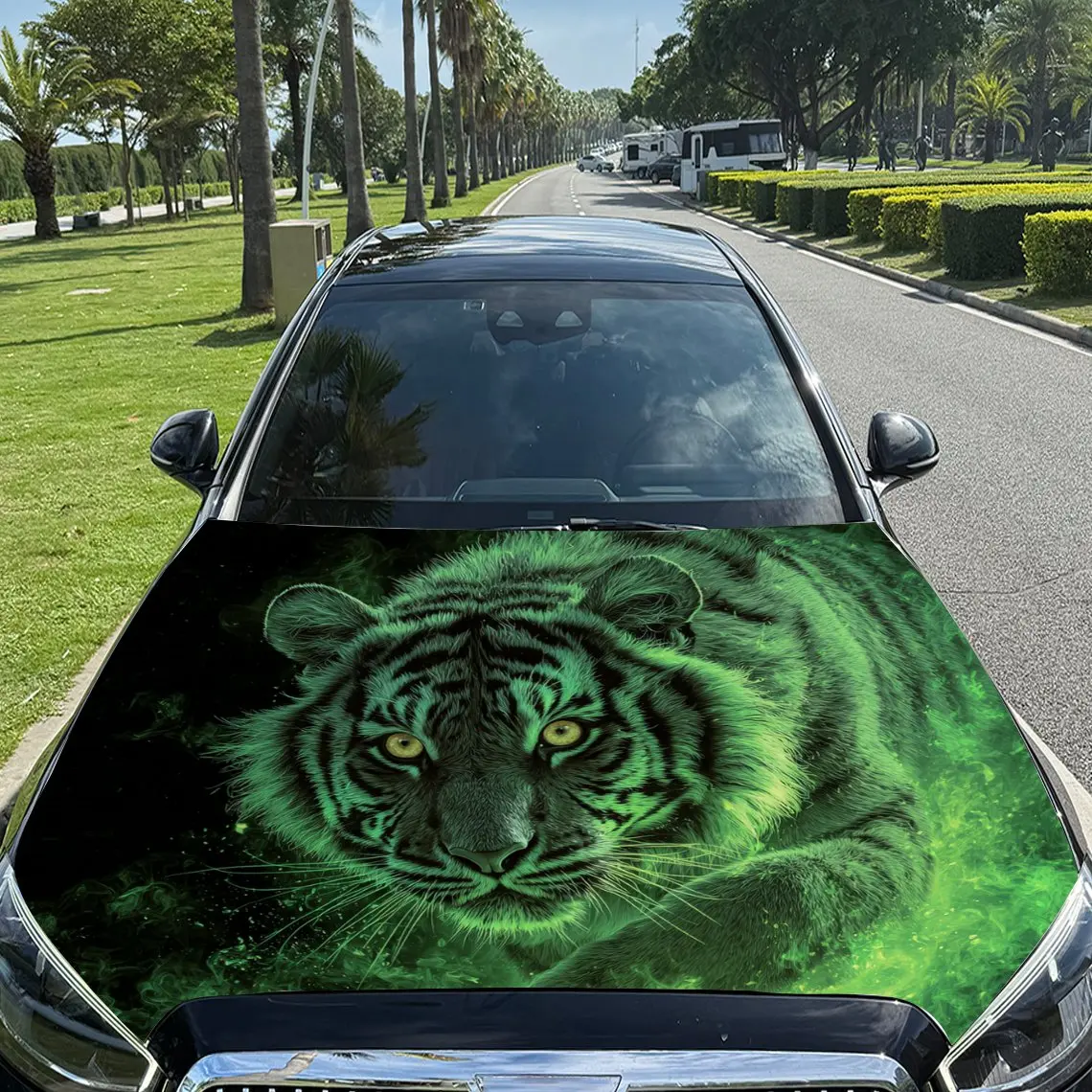 Car Decals Tiger with a Glowing Green Hue, Intense and Mysterious Eyes, and a Dynamic, Swirling Pattern Design Car Hood Sticker,