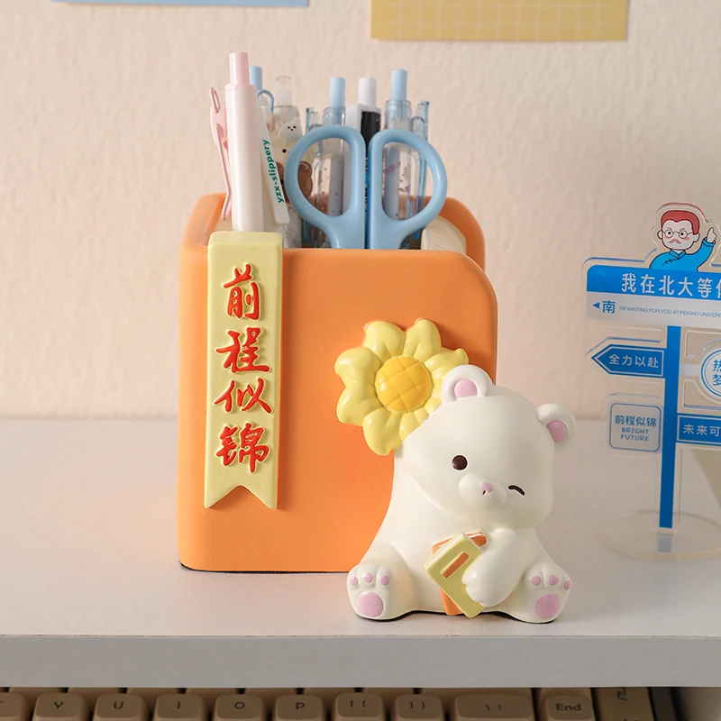 Cute Book Shaped Bear Pen Holder, Kawaii Desktop Stationery Storage Bucket Creative Tabletop Decor Ornament for Desk