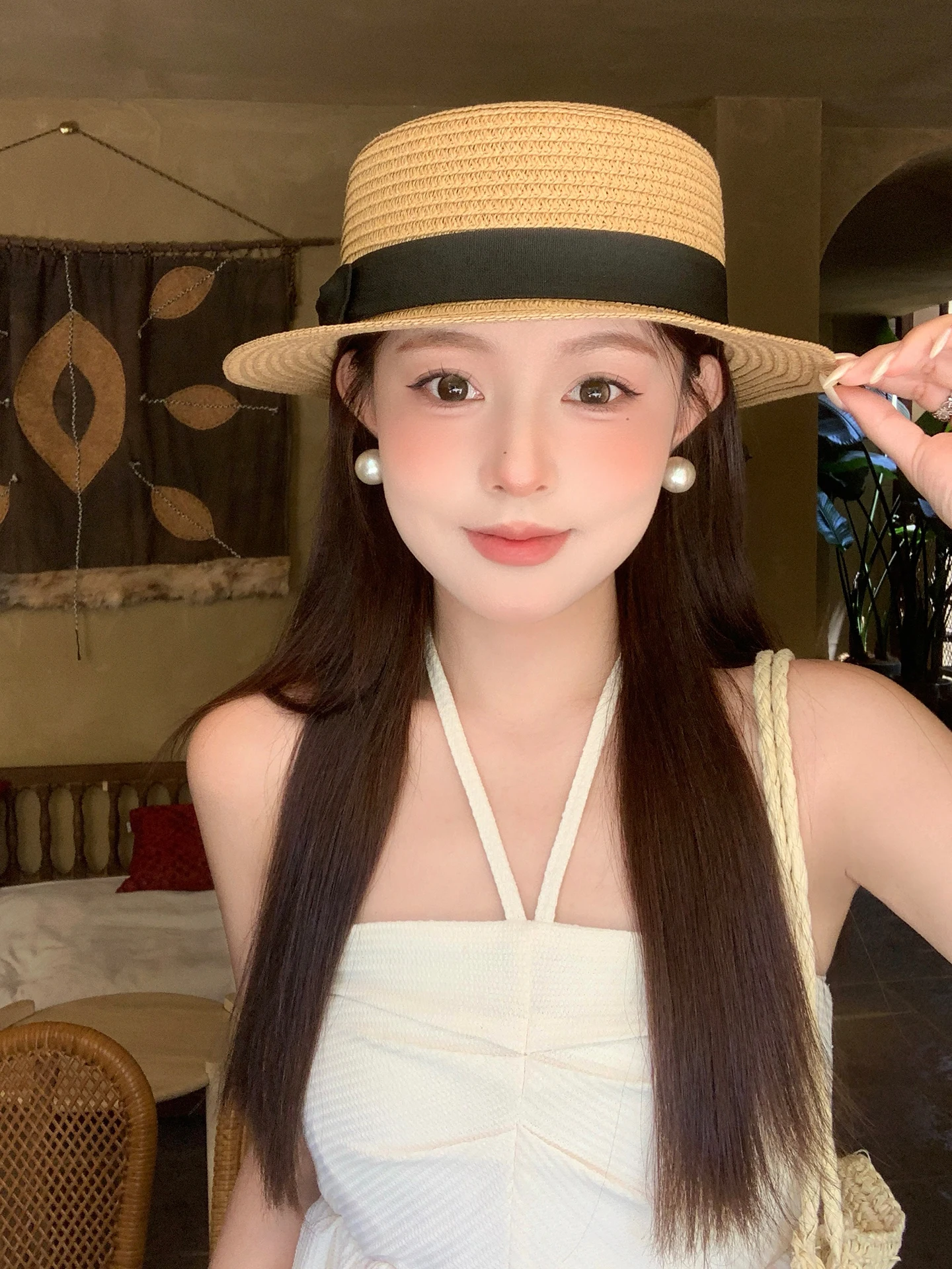 Retro  Knot Straw Hat Women Summer British Style Flat Top Hat Outing Holiday Sunshade Protection Beach Hat