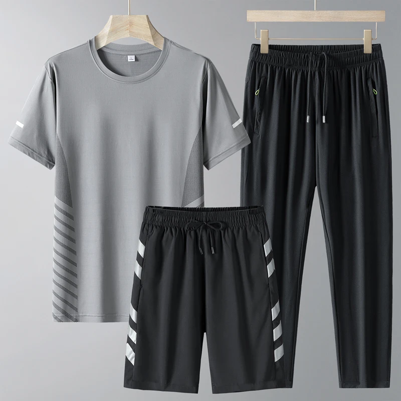 Men's Solid Color Pullover Short Sleeve Round Neck T-shirt with Elastic High Waist Pockets Long Pants Shorts Summer Casual Sets