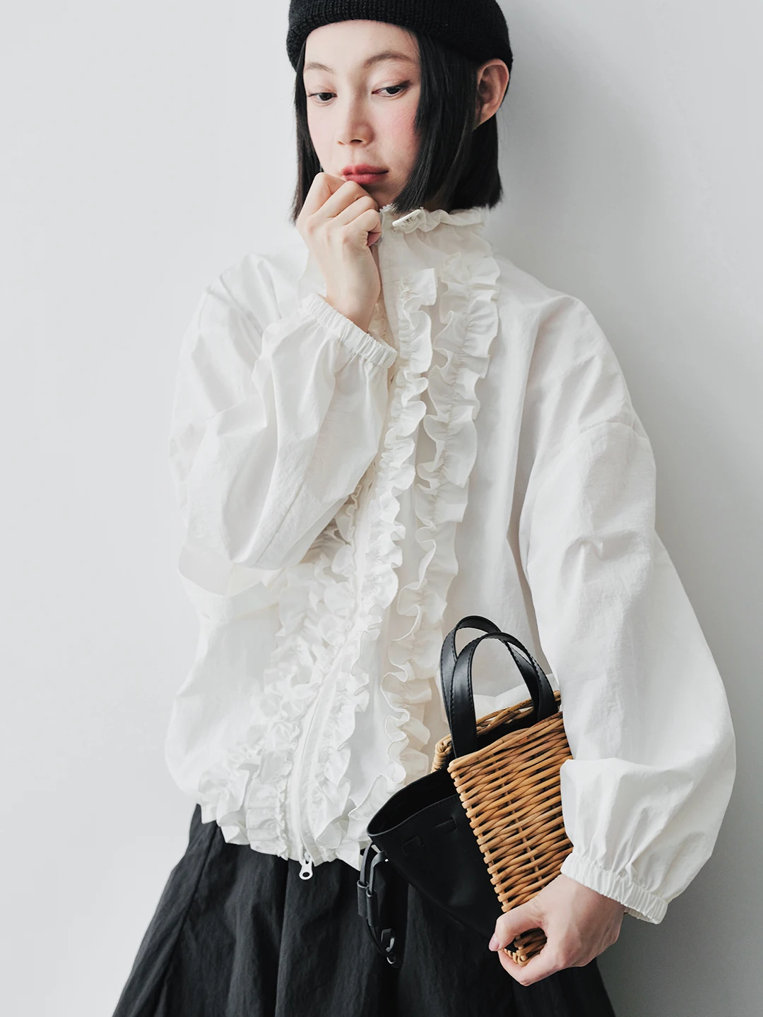 Original design by imakokoni 2024 new long sleeved lace patchwork lapel pocket shirt 244798