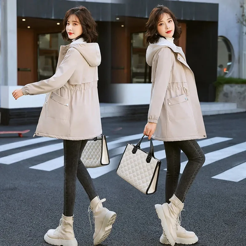 Plush Trench Coat For Women 2022 New Wnter KoreanCasual Loose Fting Coat With A Foreign Style Thickened Mid Length Cotton Coat