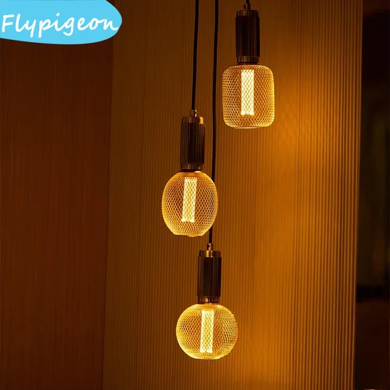 Nordic Wrought Iron Mesh Cover Lamp Metal Cage E27 Bulb Dining Bar Coffee Luxury Light Pillar Home Room Decor Lighting
