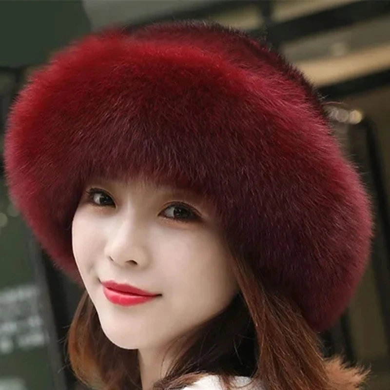 1PC Faux Fox Fur Beanies Caps Women Girls Solid Soft Thickened Furry Berets Hat Lady Elegant Winter Outdoor Windproof Warm Hat