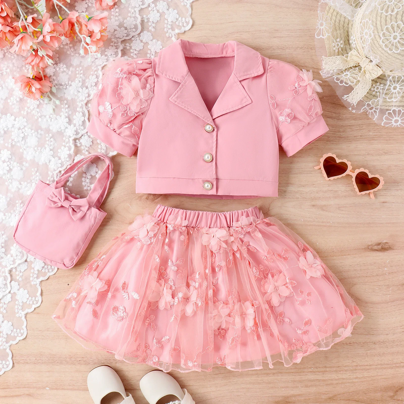 

Summer Girls Clothes Sets Puff Sleeve Lapel Suit Jacket + Gauze Butterfly Pleated Skirt + Bag Kids Children's Casual Clothing