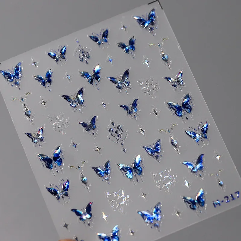 1 sztuk 5D luksusowe brokat niebieski motyl naklejki do paznokci Retro luksusowe samoprzylepne naklejki transferowe ozdoby do paznokci suwak naklejki DIY