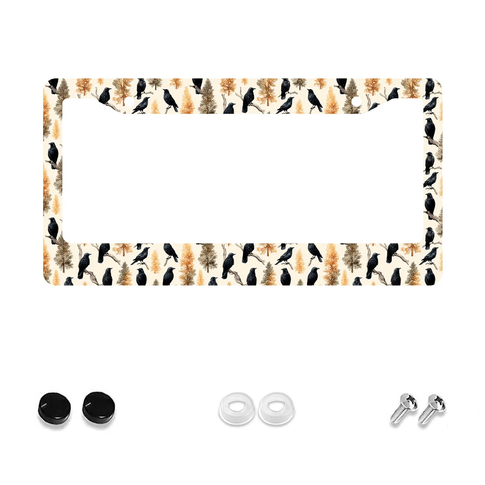 

1pc Retro Black Crow and Tree Pattern 2-Hole License Plate Frame, Aluminum Material, 6x12 Inches with Screw Set, Vintage Car De