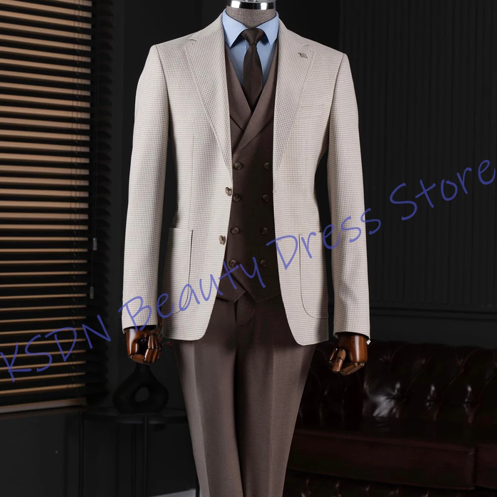 Elegant Men's Waffle Three-Piece Suits Single-Breasted Notch Lapel Blazer+Vest+Pants Set Classic Smart Formal Outfit