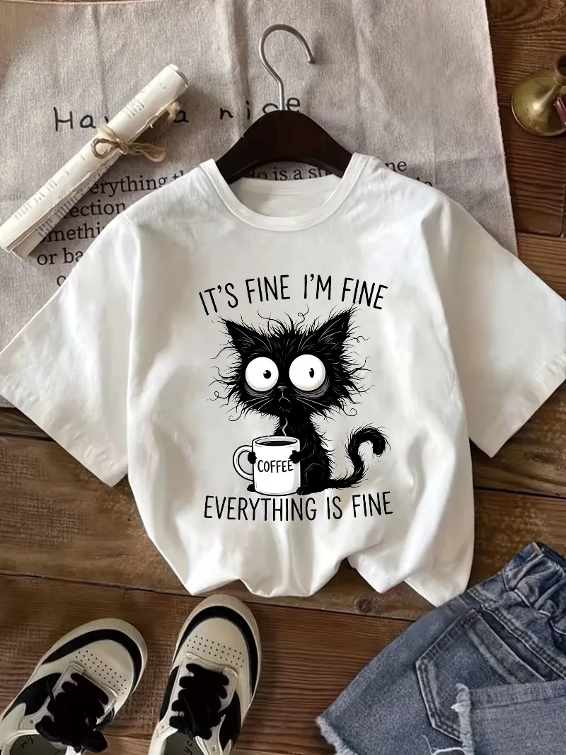 Fashion Funny I'M Fine Everything Is Fine coffee Cat Printed T-Shirts Women Summer Casual Short Sleeved T-Shirts Round Neck Tops