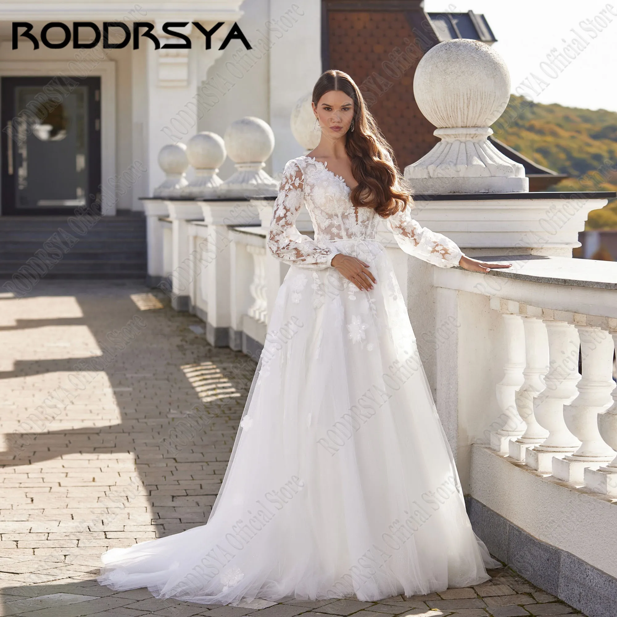 

RODDRSYA Lace Wedding Dress Women Luxury V-Neck A-Line Backless Robe De Mariée Puff Sleeves Applique Bride Gowns Custom Custom