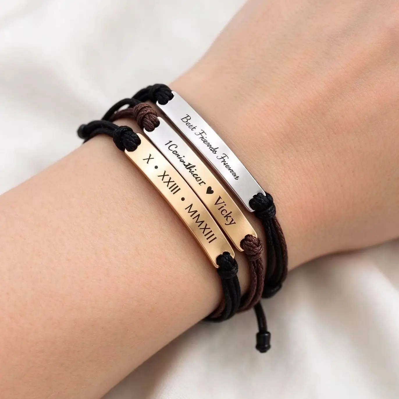 Custom Name Text Engraved Bar Cord Bracelet Personalized Fashion Adjustable Braided Rope Wristband Memorial Gift for Men Women