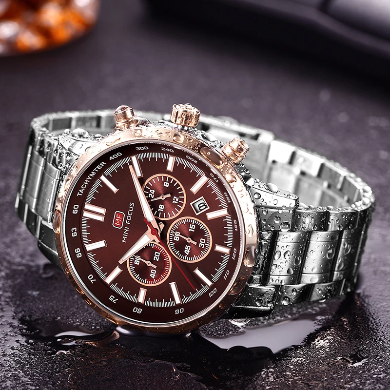 MINI FOCUS Funky Multi-Color Top Fashion Quartz Watches with Calendar Stainless Steel Strap 3ATM Waterproof Mens Sports Watch