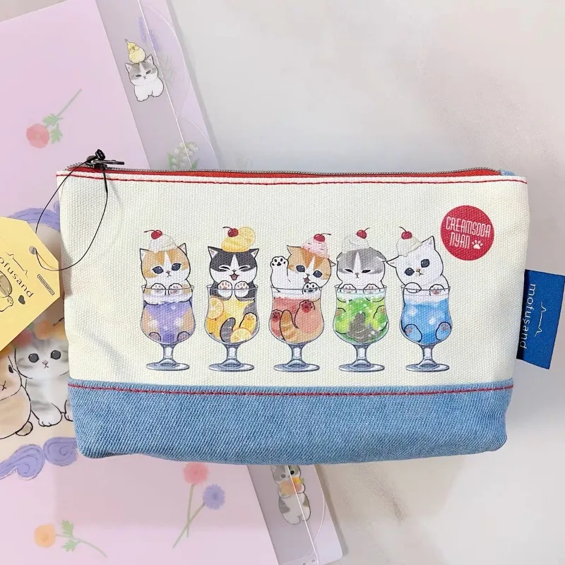 Mofusand Denim Canvas Spliced Pencil Case Student Pen Pouch Zipper Pencil Box Portable Stationery Storage Bag for School Daily