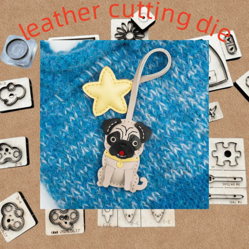 Handmade Leather DIY Cute Pug Cutting Die, Cartoon Pet Dog With Star Keychain Pendant Mold, Leather Craft Hand Tool
