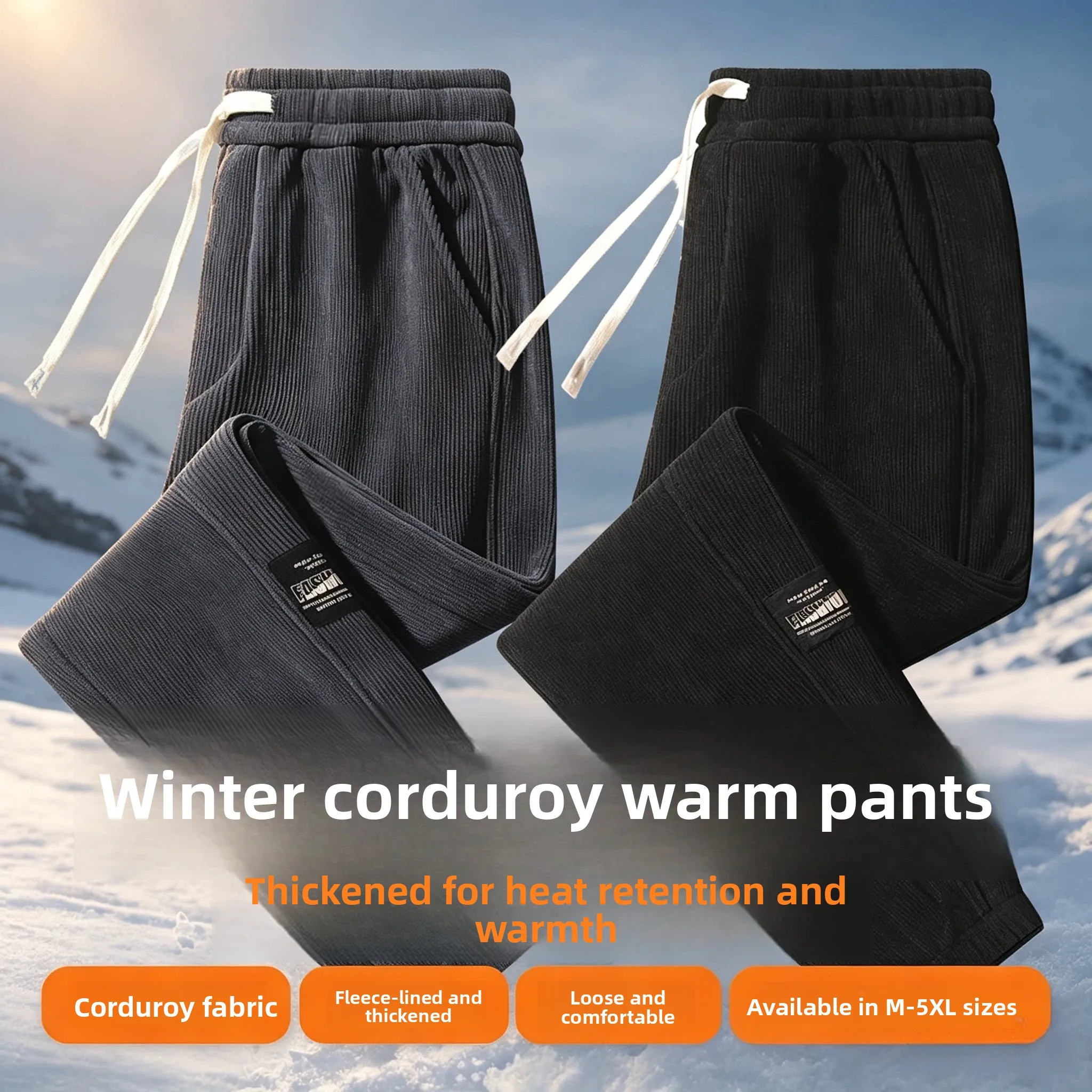 Men's Work Pants Autumn Winter Fleece Lined Loose Fit Construction Site Wear Resistant Corduroy Long Trousers Casual Fashion