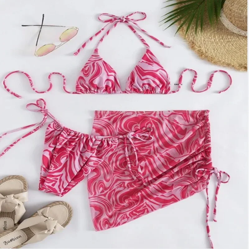 3 kawałki Bikini zestaw ze spódnicą Tie Dye String stringi strój kąpielowy kobiety kostium kąpielowy damski stroje kąpielowe Bikini pływać pani lato