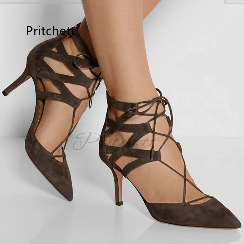 

Темно-коричневые замшевые сандалии на шпильке для женщин, сандалии-гладиаторы на высоком каблуке со шнуровкой и острым носком, летняя обувь на высоком каблуке