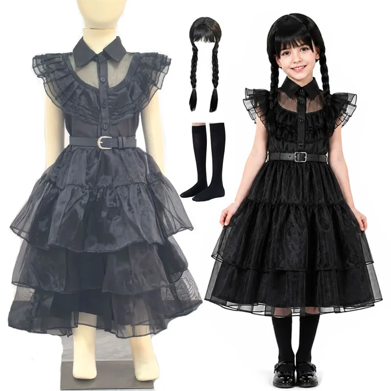 Girls Black Gothic Princess Dress Flower Tutu Costume Halloween Party Birthday Cosplay Fancy Dress Role Play Outfit