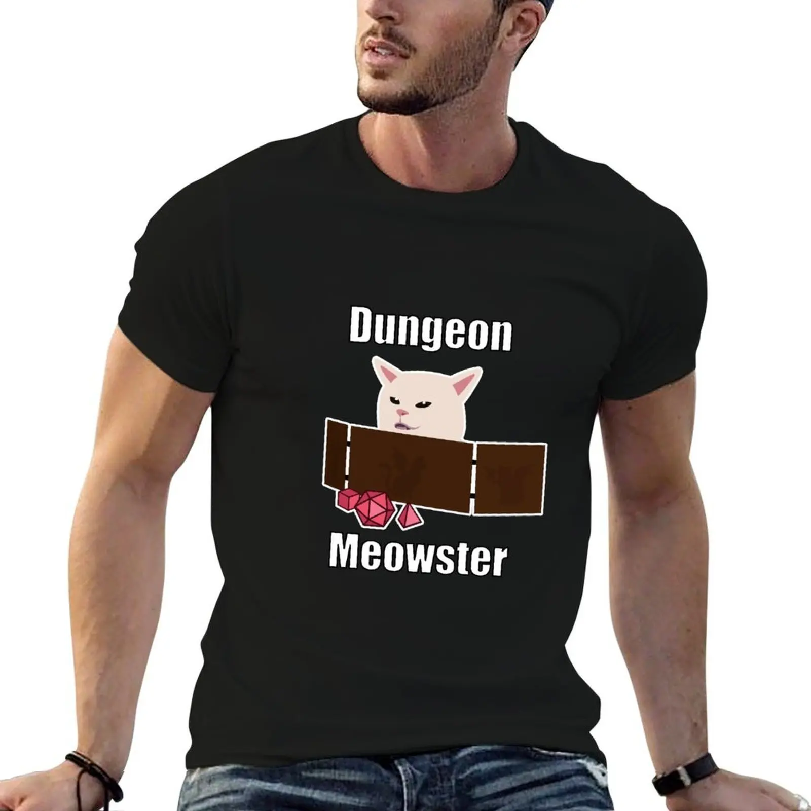 Confused Cat at DnD Table Dungeon Meowster Cat Meme T-Shirt custom t shirt tees t shirts for men