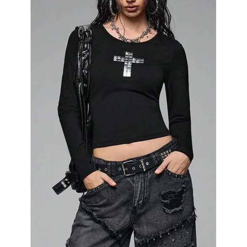 

Trendy Y2K Aesthetic V Neck Long Sleeve Top With Edgy Cross Rhinestone Details For Fashion Y2K Girls