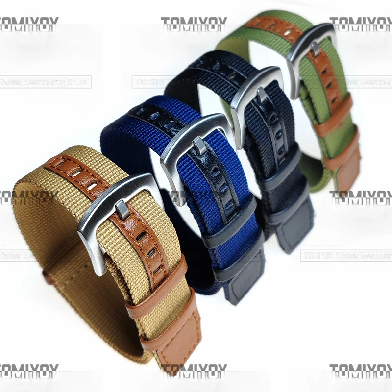 20 22MM Black Green Blue Khaki Loop Style Nylon Patchwork Pin Buckle Watch Strap