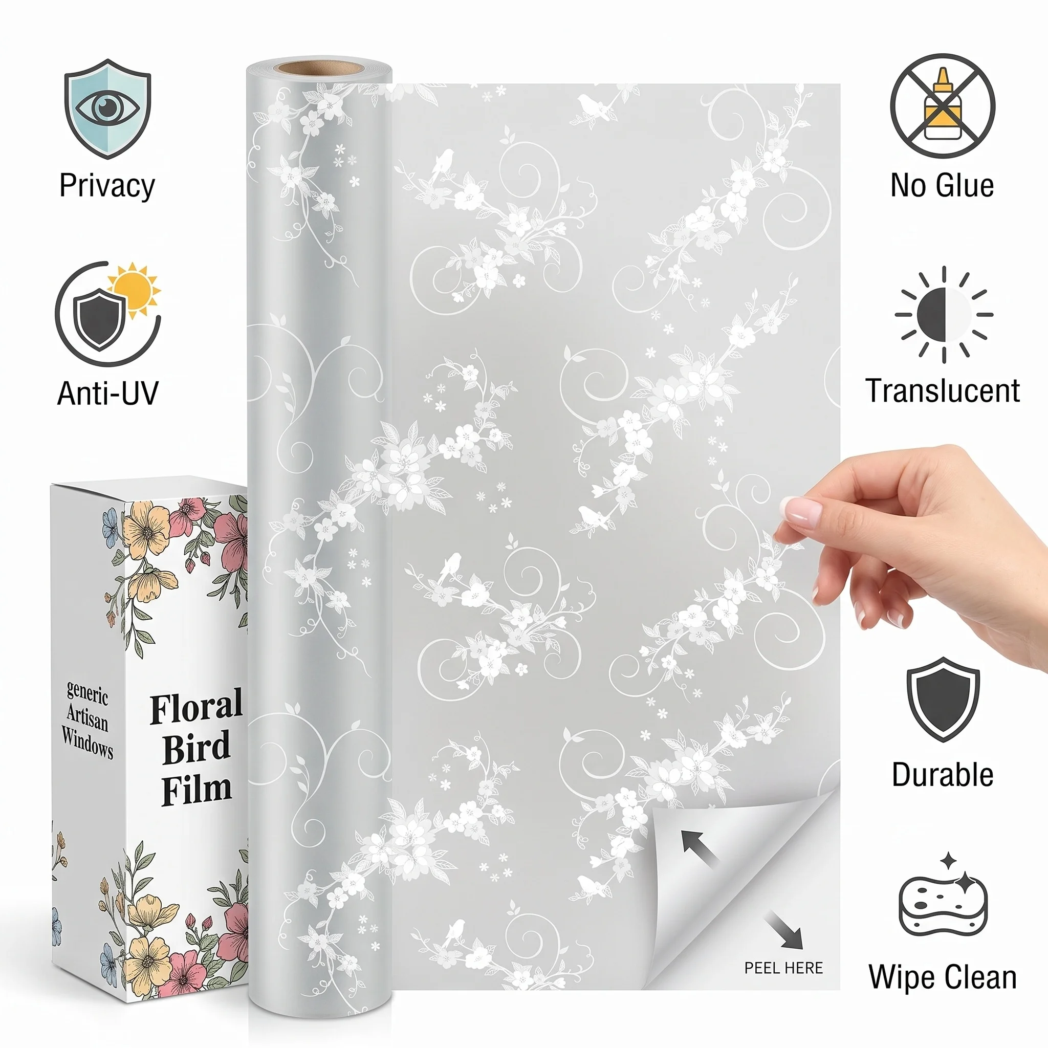 Vintage Floral Bird Scroll Self Adhesive Frosted Window Film Privacy Glass Sticker Anti UV Opaque Sparrow Vine Design