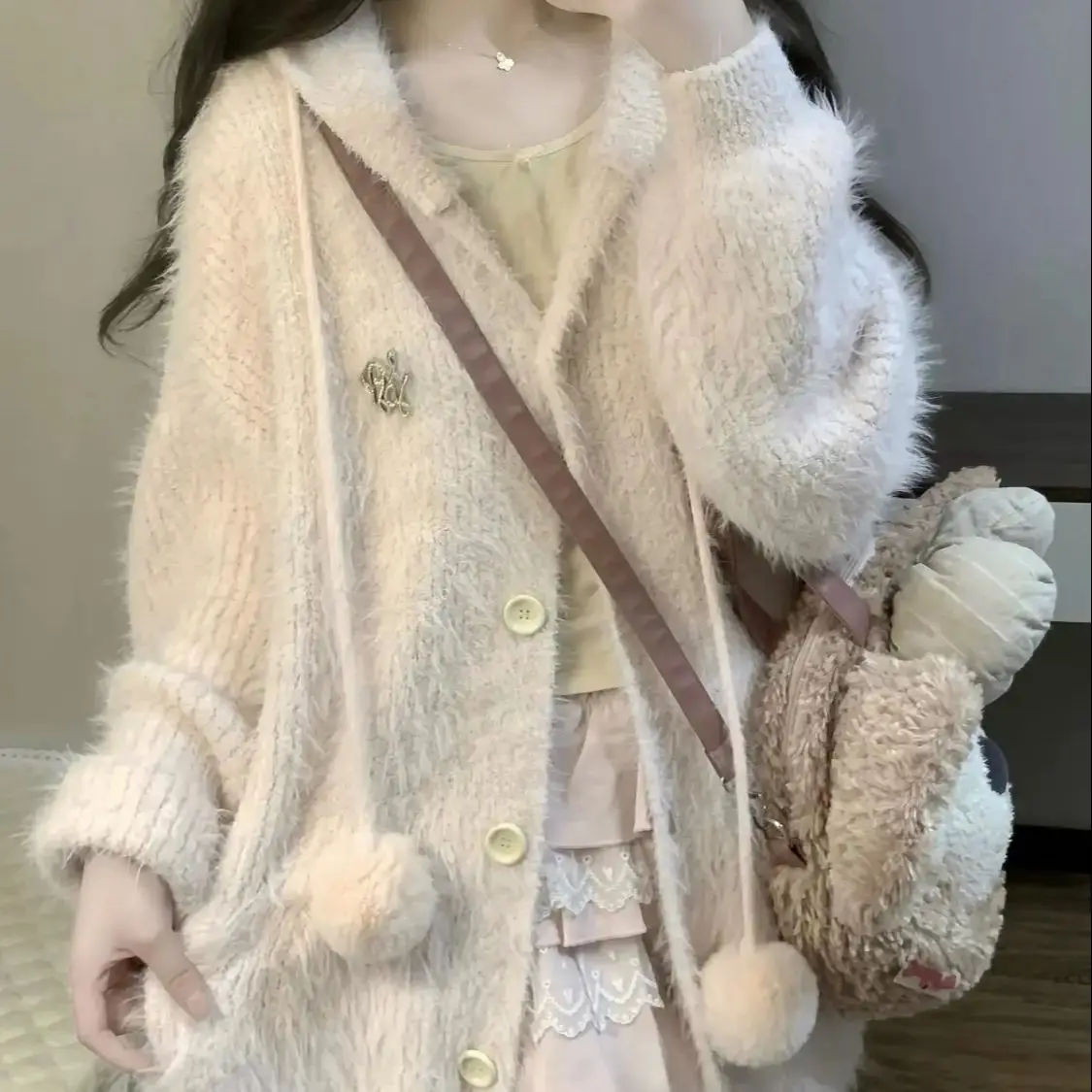 

Японский элитный пушистый и ленивый стиль, мягкий и восковой кардиган, свитер, осенне-зимняя новая универсальная повседневная куртка с капюшоном