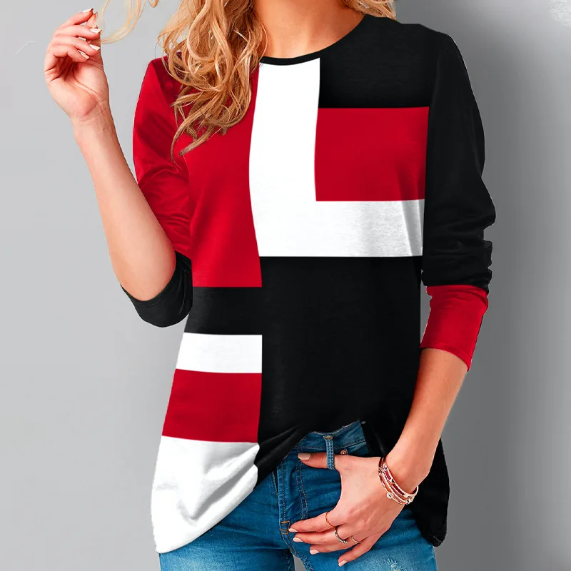 

Spring and Autumn Women's Fashion Geometric Color Matching Long Sleeve T-shirt Female Casual Commuter Versatile Top Lady Clothes