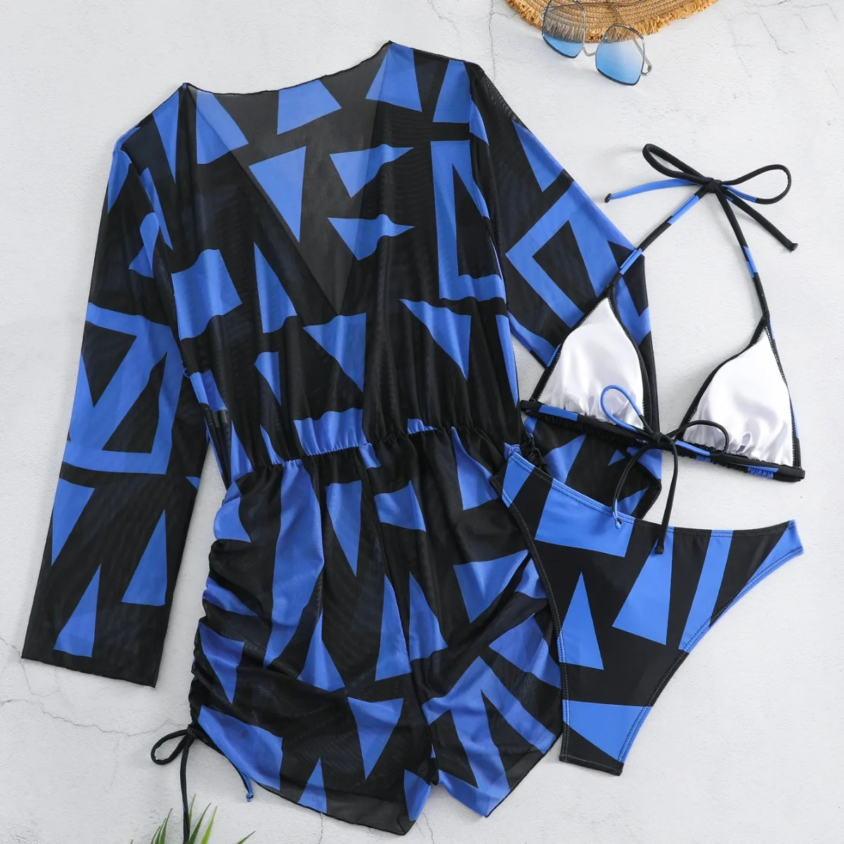 3 Pieces 2025 String Printed Batwing Long Sleeves Drawstring Kimono Beach Swim Ombre Drawstring Cover Up Ladies Tops