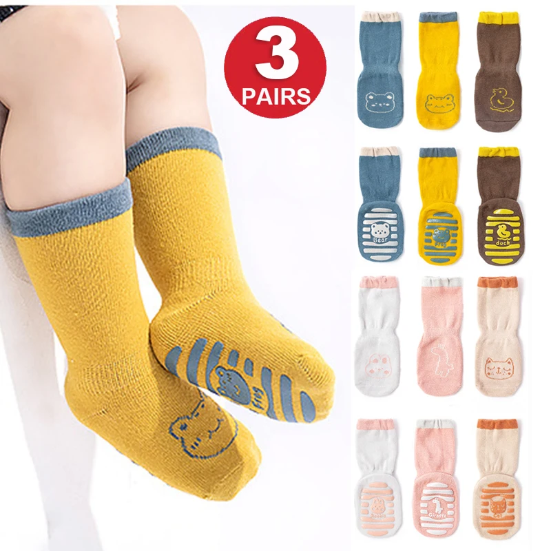 3Pairs Baby Boys Girls Socks Cute Cartoon Animals Anti-Slip Pure Cotton Long Socks for Toddlers Kids Children Floor Walking