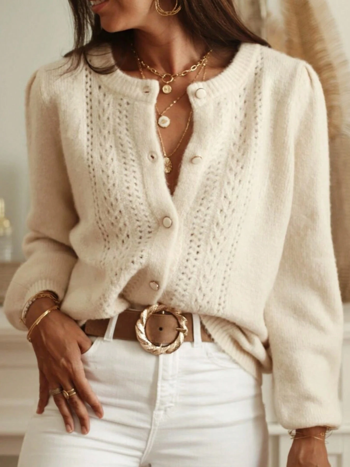 Women Beige White Crew Neck Knit Cardigan Regular Sleeve Button Down Regular Fit Regular Length Hollow Knitted Sweater Coat Autu