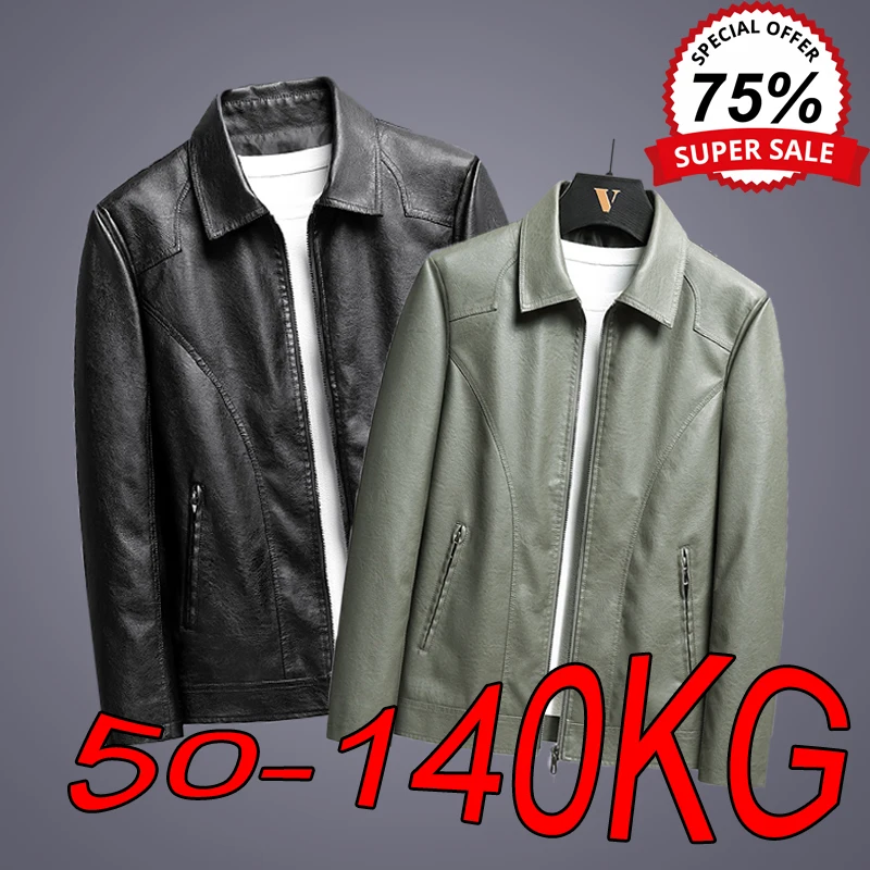 M-8XL Men's Leather Jackets Autumn Winter Suit Collar Loose Middle-aged Tops Fat Motorcycle Casual Plus Velvet Solid Color Coats